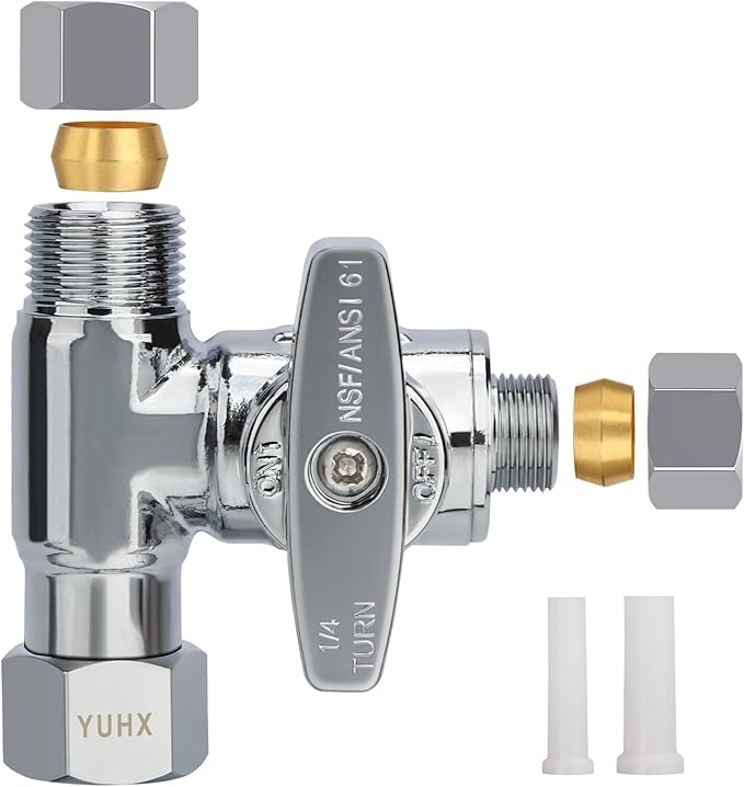 Brass Angle Stop Add-A-Tee Valve, 3/8 x 3/8 x 1/4 Compression Tee Valve,Feed Water Adapter for Refrigerators, Ice maker, Reverse Osmosis,RO Water Filter Systems, 3 Way Diverter Water Line Splitter