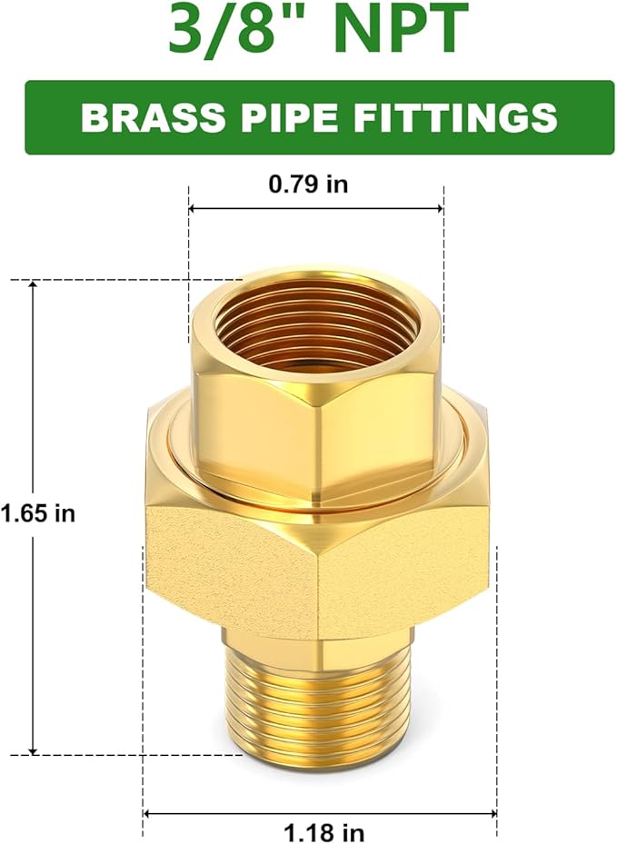 TAISHER 1PCS Brass Union，3/8" NPT Male x 3/8" NPT Female Brass Pipe Fitting