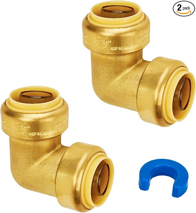 SUNGATOR 1-Inch Push Fit PEX Elbow, 90-Degree Plumbing Fitting Pipe Connector with Disconnect Clip, Push-to-Connect, Copper, PEX, CPVC, No Lead Brass Fittings (2-Pack)
