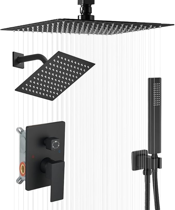 Matte Black Shower System, Knob Switch Diverter Shower Faucet Set with High Pressure Handheld Spray, Ceiling Mount 10 Inch Shower Head with 6 Inch Wall Mount Shower Head
