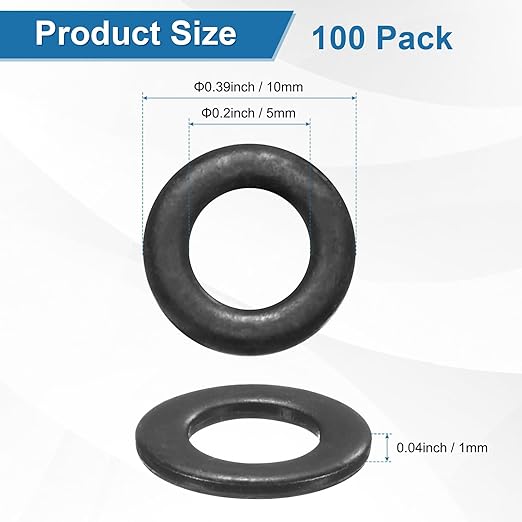 100-Pack M5 Flat Washers, Metric 10mm OD 1mm Thick 304 Stainless Steel Washers for Bolts Screws Nuts for Automotive/Machinery/Furniture, Flat Metal Washers [Black Galvanized]