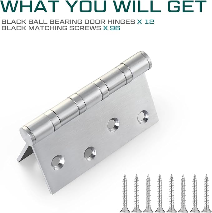 12 Pcs 4'' Ball Bearing Door Hinges Stainless Steel Heavy Duty Hinges 4 x 4 Inch Exterior Door Hinges with Square Corners (Silver)
