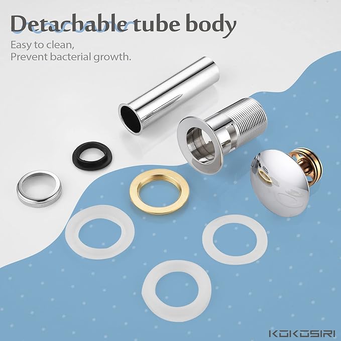 KOKOSIRI Bathroom Sink Drain with Detachable Hair Catcher, Polished Chrome Pop Up Sink Drain with Strainer Basket Anti Clogging for Vanity Vessel Sink with Overflow, C1001CH