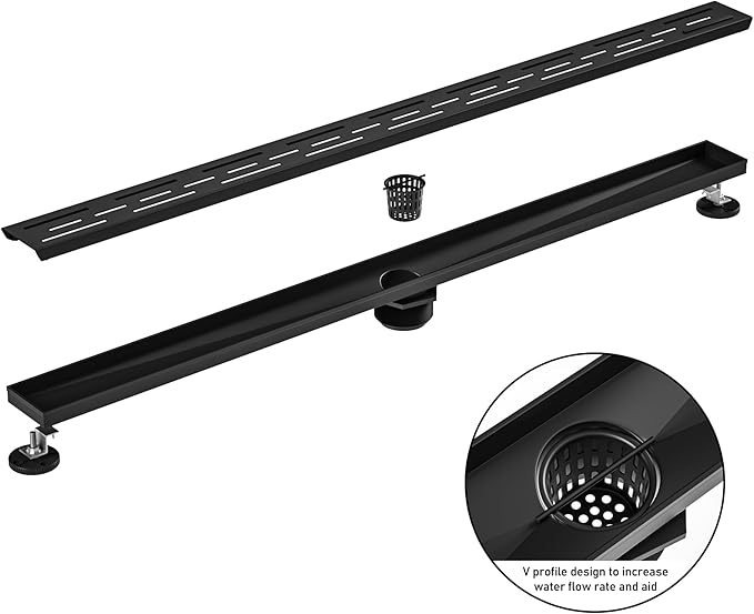Linear Shower Drain 36" Matte Black 304 Stainless Steel | with Drain Grate| Fast Drainage | Stainless Floor Drain Grate | Hair Strainer | Drain Key | The Upgrade for Your Bathroom