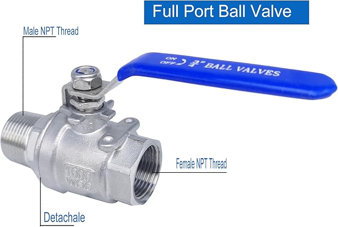 Full Port Ball Valve 3/4" NPT Heavy Duty Stainless Steel 304 Male x Female Thread For Water,Oil and Gas 1000WOG（pack of 2）
