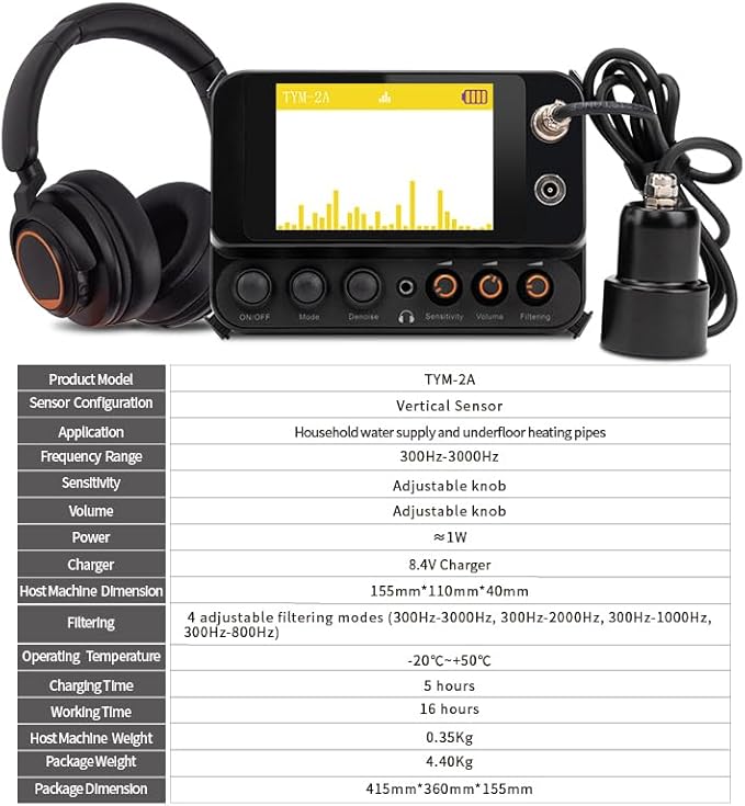 OH TYMWT-2A Underground Water Leak Detector, Ultrasonic Water Leak Sensor Pipes Water Leak Alarm Detector