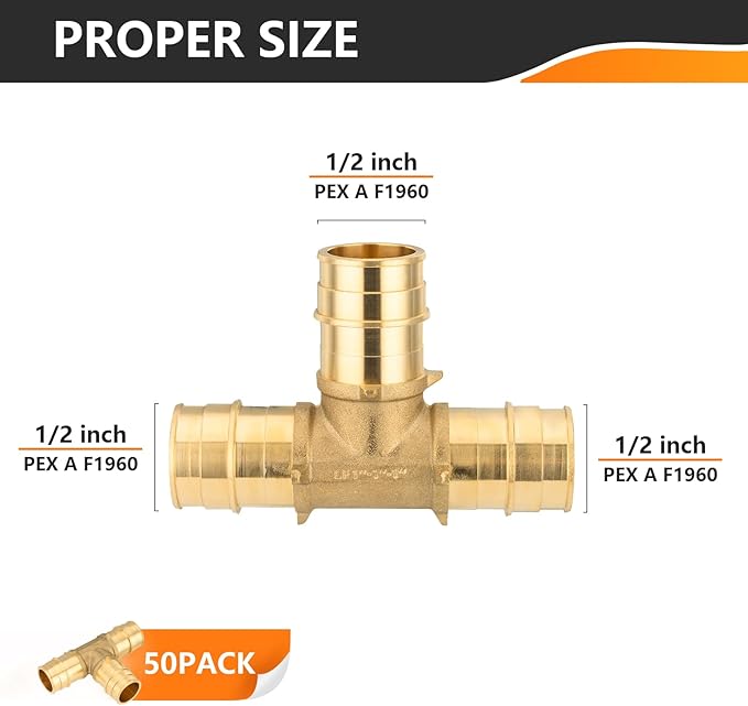 50-Pack HeSun PEX-A Expansion Fitting, 1/2 Inch Brass Pex Expansion Tee, 1/2"x1/2"x1/2" Tee,ASTM F1960(PEX1960041-50)