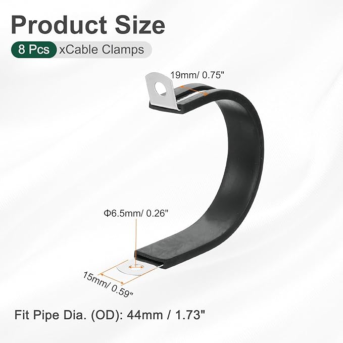 uxcell 1-3/4"(44mm) Cable Clamp, 304 Stainless Steel Rubber Cushioned Insulated Clamp R Shape Metal Clamp Tube Holder for Pipe Hose Wire Cord Installation 8Pcs