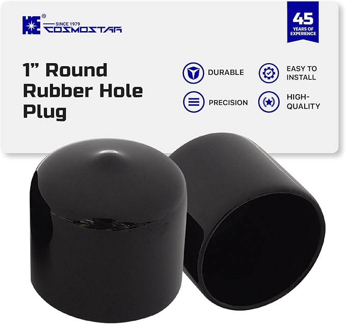 Cosmostar 1" Inch (25.4 mm) Round Rubber Hole Plugs - Durable Black End Caps for Metal Tubing, Fences, Chair & Furniture Legs | Easy Glide Protection & Secure