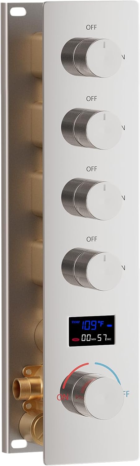 Shower Valve Concealed Shower Mixing Faucet with Temperature Display Function, Flow Control Brass Diverter Valve Kit, 4 Function Can Be Activated Simultaneously, Chrome
