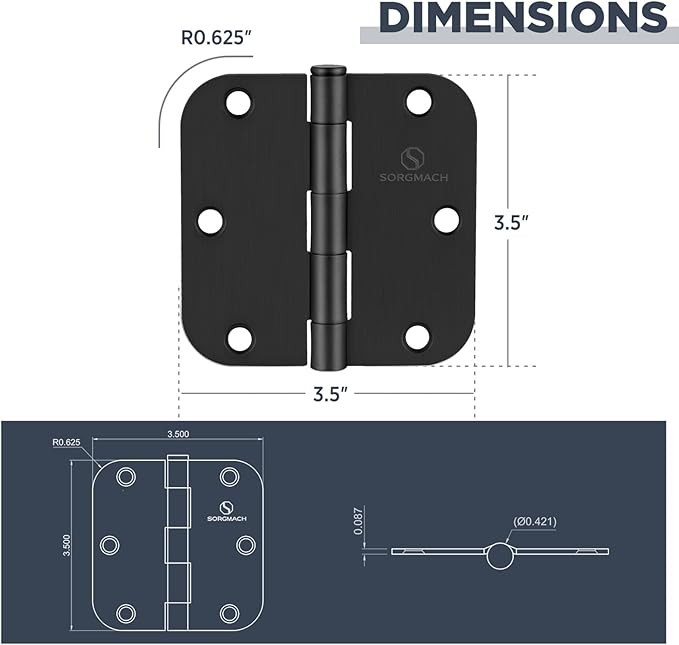 Door Hinges 3 1/2 Inch Matte Black 3.5 Inch Interior Hinges 5/8" Radius Round Door Hinge 3 1/2 Inch Iron Hinge 3 ½"x 3 ½" Door Hardware- 18 Pack