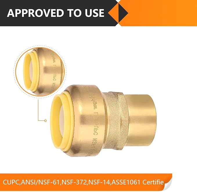 10-Pack HeSun Pushfit Female Adapter, 1/2" FNPT x 3/4" Push to Connect Plumbing Fittings with Disconnect Clip, Brass Push-fit Fittings for PEX, Copper, CPVC, PE-RT Pipes(PF133-10)