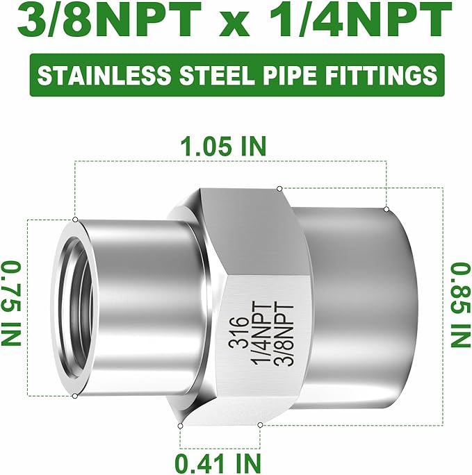 TAISHER 5PCS Forging of 316L Stainless Steel Pipe Fitting, Reducer Coupling, 3/8" NPT Female x 1/4" NPT Female, Reducing Pipe Adapter Fitting