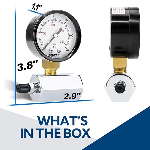 SENCTRL 0-30 Psi Gas Pressure Test Gauge, 2" Dial Size, 3/4" FNPT Connection, Brass Valve, Chrome Plated Steel Body Assembly