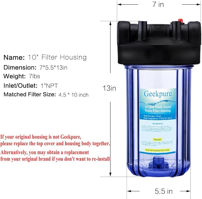 Geekpure 10 Inch Water Filter Housing for Whole House Water Filtration with Wrench Bracket -1" Port-Clear -4.5" x 10"-Pack of 4