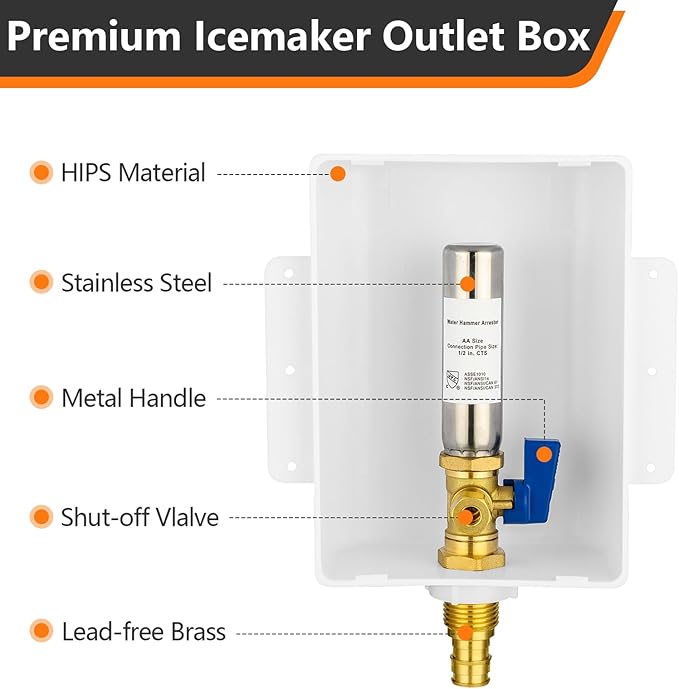 HeSun PEX-A Ice Maker Outlet Box,Inlet 1/2 Inch F1960 Expansion x Outlet 1/4 Inch OD Compression Connection,with Stainless Steel Water Hammer Arrestor
