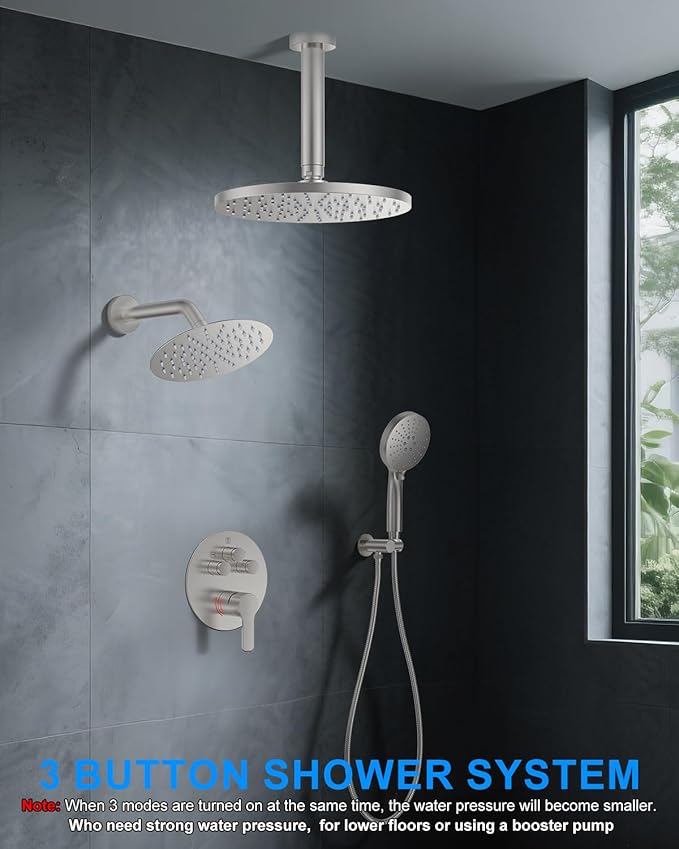 Shower System with Pressure Balance Valve, 10" Ceiling Mount Shower Faucet Set with 2 Rain Head and Multi-function Handheld Push Button Diverter Valve Kit,Brushed Nickel