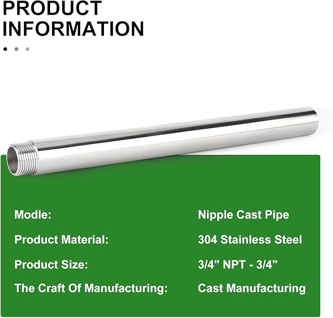 TAISHER 1PCS Stainless Steel Pipe Fittings, 3/4" NPT Male x 3/4" NPT Female Threaded, 16" Length Nipple Cast Pipe