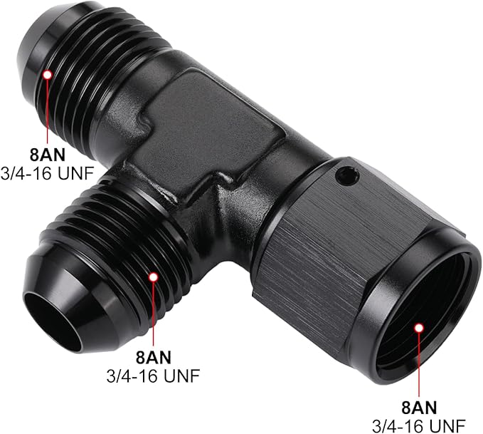 8AN Male Flare Tee T Fitting Adapter with AN8 Female Swivel On Run Aluminum Black