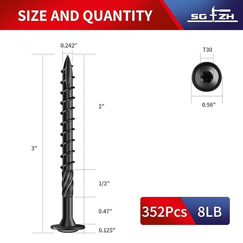 #14 x 3 Inch Lag Screws (352Pcs) 8lb. Structural Wood Screw, Black, Carbon Steel, Washer Head, Rust Resistant epoxy Coated, T30 Star Bit
