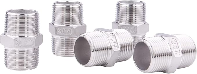 Hex Nipple 3/4" Male NPT - Stainless Steel 304 Threaded Pipe Fitting for Brew Kit, Home Piping Application(Pack of 5)