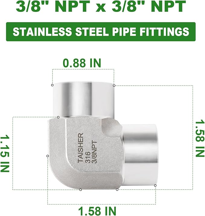 TAISHER 2PCS 316L Stainless Steel 90 Degree Barstock Street Elbow, 3/8" NPT Female to 3/8" NPT Female 316L Stainless Pipe Fitting