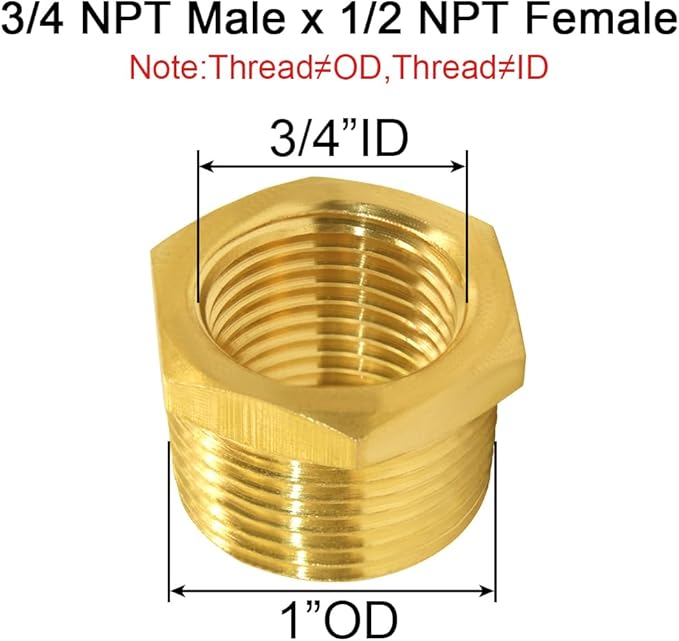Joywayus Brass Reducer Hex Bushing Reducing Cast Pipe Fitting 3/4" NPT Male x 1/2" NPT Female Adapter(Pack of 10)