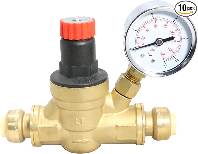 10 Pcs XFITTING 1/2 Inch Push Fit Water Pressure Regulator Valve with Gauge, 3-4-2=10XX