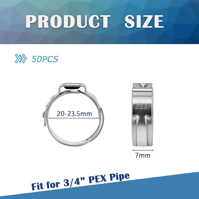 50PCS 3/4inch PEX Cinch Crimp Clamp Rings 304 Stainless Steel Single Ear Hose Clamps HE062-3/4