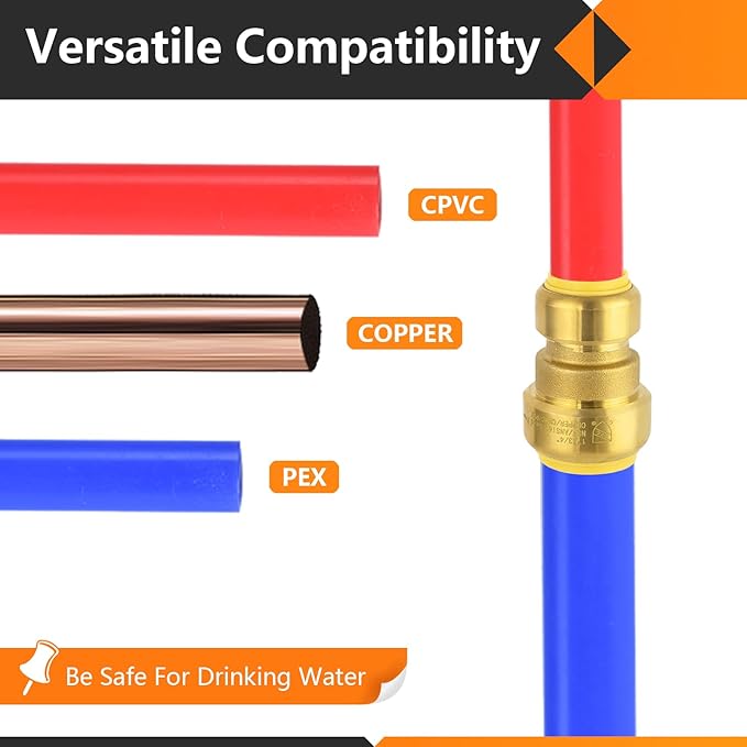 5-Pack HeSun Pushfit Coupling, 1"x3/4" Push to Connect Plumbing Fittings with Disconnect Clip, Brass Push-fit Fittings for PEX, Copper, CPVC, PE-RT Pipes(PF144-5)