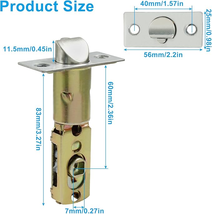 Tubular Mortice Latch, Passage Door Latch, Adjustable Flat Latch Size 60/70mm, Replacement Entry Latch for Lever Door Handles, Internal Door Handles