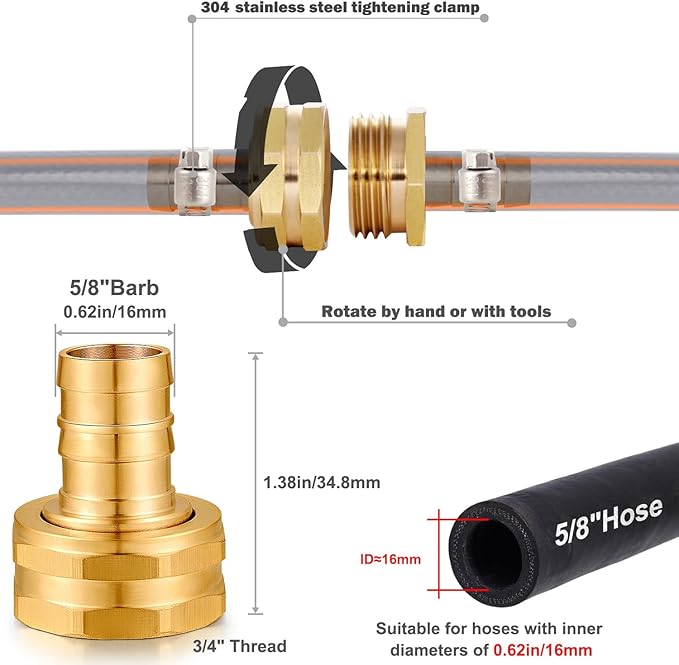 Solid Brass Garden Hose Repair kit Connector with Clamps 5/8" Barb x 3/4" Female,Fit for Garden Hose Fitting,Male and Female Hose Fittings