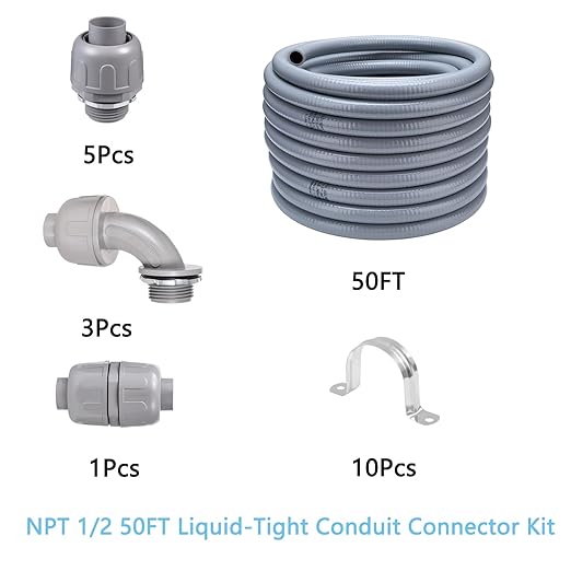 50FT NPT 1/2 Inch Liquid Tight Connector Non-Metallic PVC Electrical Flexible Conduit Fittings, UL Listed - with 5 Straight, 3 Curved and 1 Double-Port Connector