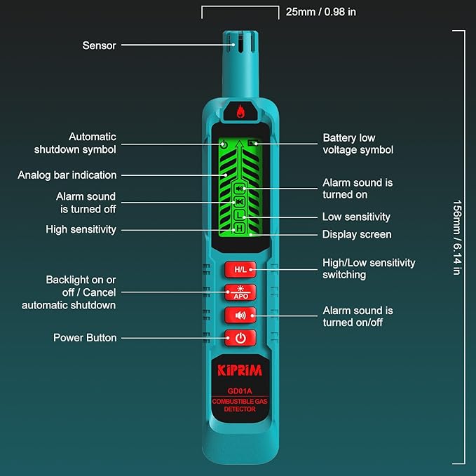Kiprim Natural Gas Leak Detector Portable Gas Tester with Audible & Visual Alarm,H/L Sensitive Mode to Locate Combustible Sources Propane for Home,Batteries Included