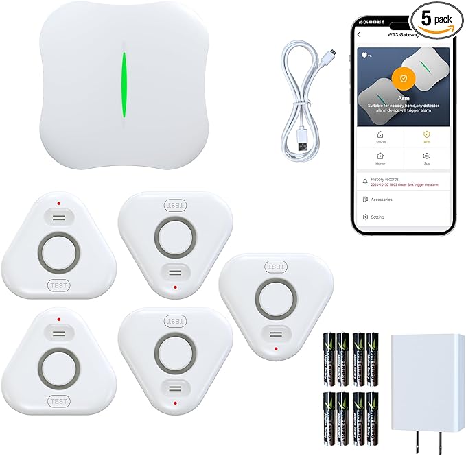 Smart Water Leak Detectors for Home WiFi with App Alerts, Stechro Ajustable 120dB Water Sensor Alarm Leak Detector for Basements Sink Kitchen Laundry, 5 Water Sensors & 1 Rechargeable Gateway