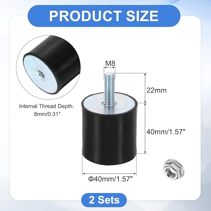 uxcell M8 Rubber Mounts, 2Pcs 40x40mm(DxH) Rubber Cylindrical Anti Vibration Isolator Shock Absorber with Lock Nut for Car Bobbin Generator Air Compressors