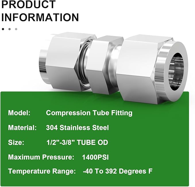 TAISHER 5PCS 304 Stainless Steel Compression Tube Pipe Fitting Connector, 1/2" Tube OD x 3/8" Tube OD Straight Adapter