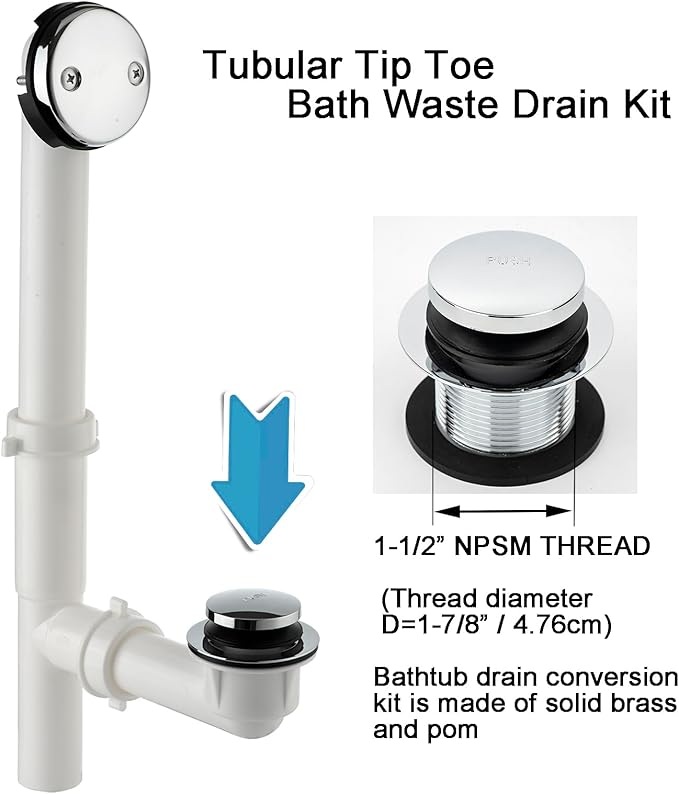 (1 Pack) Yariwiz 1-1/2" Polished Chrome Bathtub Tub Drain Kit Bath Waste Overflow Drain Tube Assembly with Touch-Toe Tub Drain Stopper and Overflow Faceplate Polished Chrome