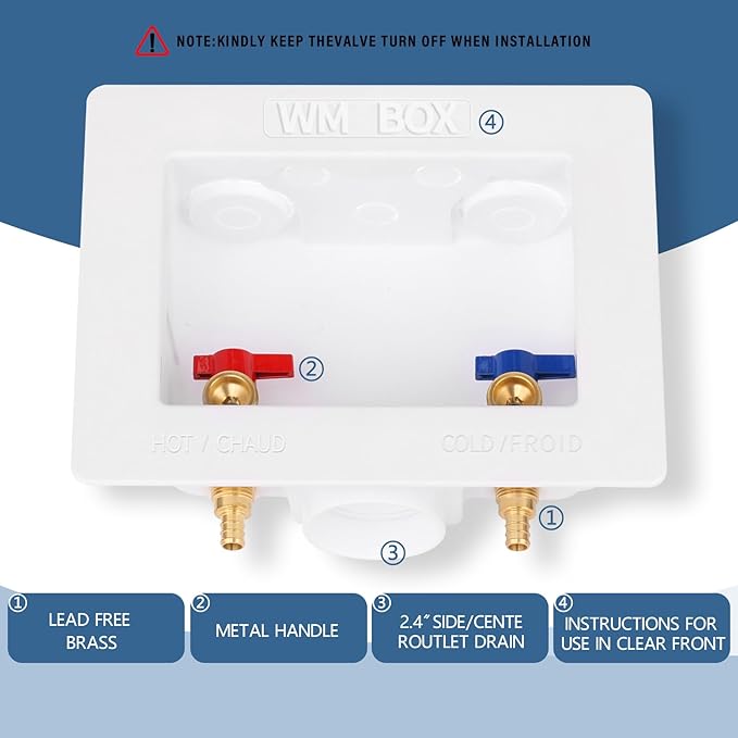 Premium Washing Machine Outlet Box with Center Drain, 1/2-Inch Pex Crimp x 3/4-Inch MHT Connection, Laundry Washer Valve Outlet Box with Clear Text Instructions