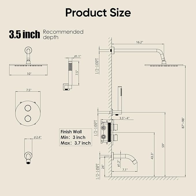 Gabrylly Thermostatic Shower System with Tub Spout, All Metal Bathtub Shower Faucets Set with Anti Scald Shower Valve, High Pressure 10" Rain Shower head with Handheld Spray Combo, Matte Black