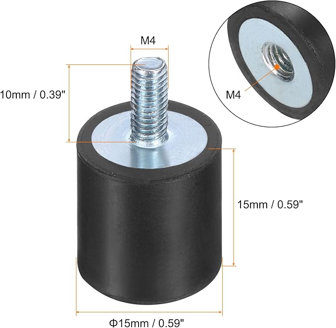 uxcell 6pcs M4x10mm Rubber Isolator Mounts with Studs 15x15mm Male Female Vibration Shock Absorber Zinc Plated Cylindrical Thread Mounts Anti Vibration Isolators with 6pcs M4 Lock Nuts
