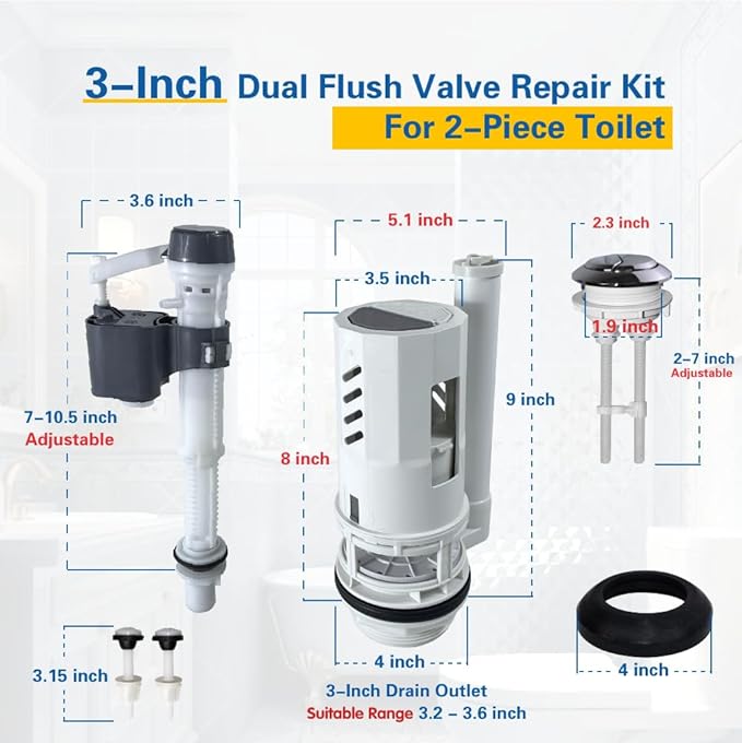 3-Inch Dual Flush Valve Replacement Kit for 2-Piece Toilets (10"-13" Tank Height) | Fits 3.2"-3.6" Drain Holes | Includes Flush Valve with 1.9" Thread Push Button, Fill Valve, Gasket, Bolts