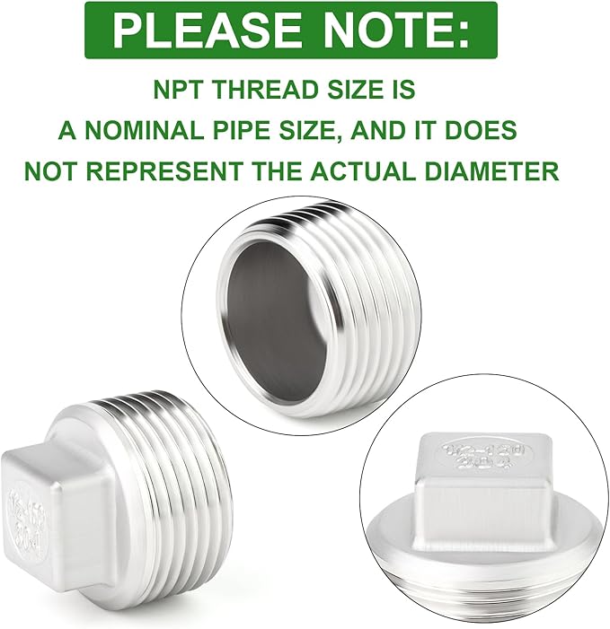 TAISHER 5PCS 304 Stainless Steel Outer Square Thread Socket Pipe Plug Fitting 1/2" NPT Male