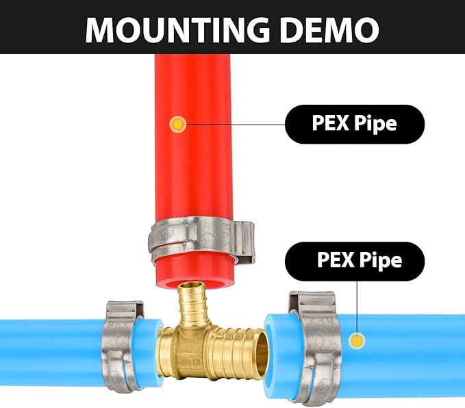 Pack of 5 Foskan PEX Fittings, 1"x1"x1/2" Reducing Tee,Brass Barb Crimp PEX Fittings for Hot or Cold Water Distribution