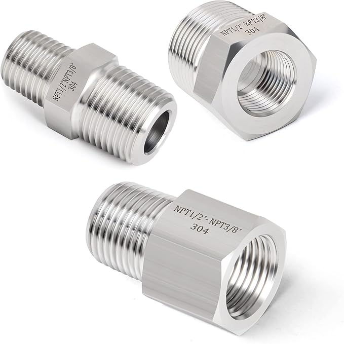GASHER 6PCS 304 Stainless Steel Pipe Fitting, Hex Bushing, Reducer Adapter, Reducing Hex Nipple 1/2 Inch NPT x 3/8 Inch NPT