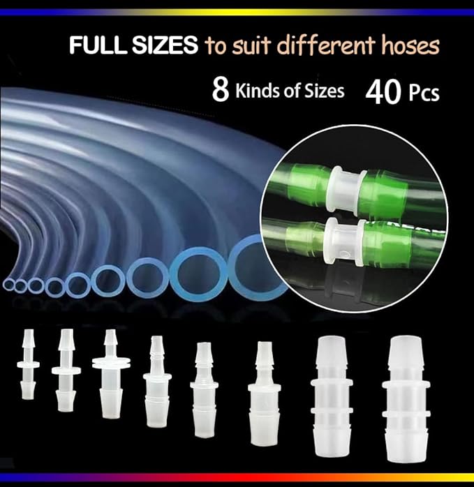 40Pcs Plastic Hose Barb Reducing Fittings Assortment, 8 Sizes of Barbed Reducer Hose Pipe Fitting Connector Adapter Union Splicer Joint for Air Gas Water Liquid Line Catheter Tube Pump Adapters