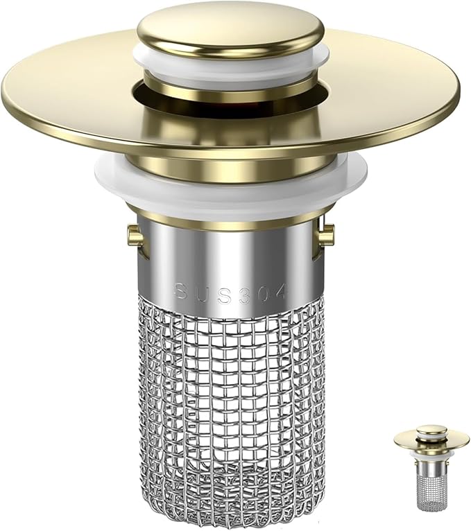 Sink Stopper Hair Catcher, Pop-up Sink Drain Strainer with Removable Stainless Steel Strainer Basket Hair Catcher, Bathroom Sink Strainer for Bathroom Sink Stopper Replacement(Brushed Gold-1PCS)