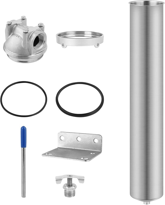 Amwater NSF/ANSI 42 Stainless Steel Whole House Water Filter Housing, 20" x 2.5" Sediment Water Filter System for Heavy Duty, Well & City Water, 1" NPT Port, Drain Valve Style A