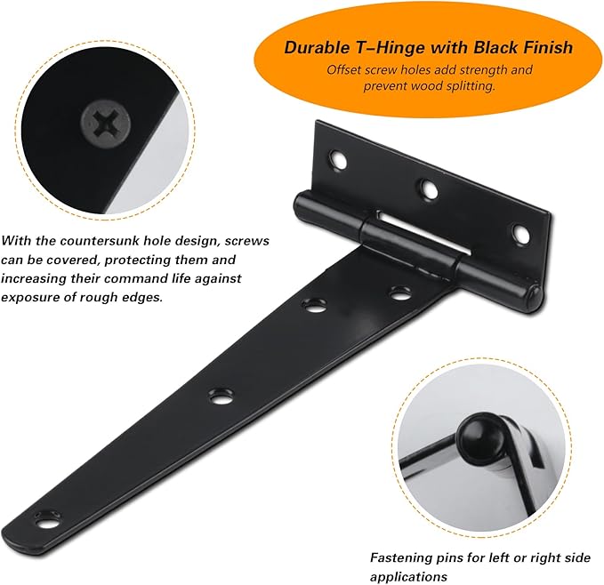 12 Pack 6 Inch T Strap Hinges, Shed Door Gate Hinges, Heavy Duty Black Outdoor Tee Hinge for Wooden Fences, Barn Door Gates Hinge for Shed Door Hardware