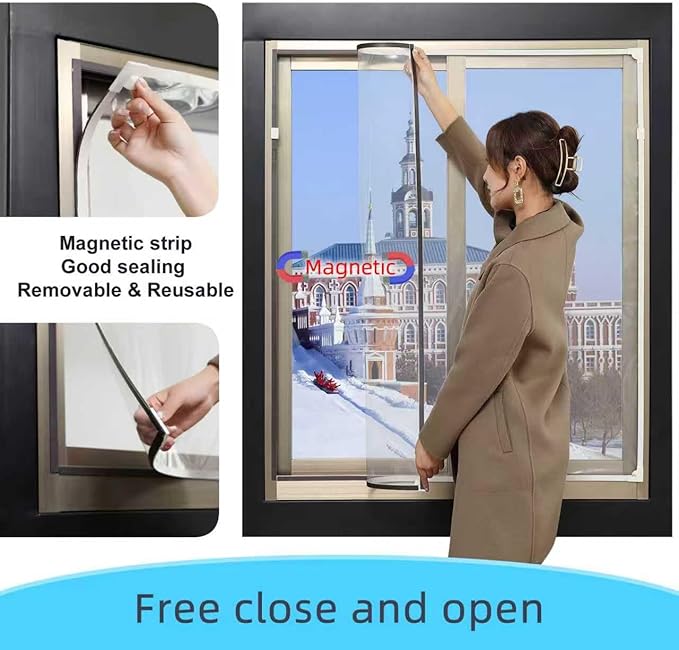 DIY Magnetic Window Insulation Kit 56"x35" Indoor Clear Film for Heat and Cold Winterizing Kit Cuttable Transparent Window Covering